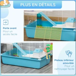 Cage à hamsters 3 niveaux - tunnel, abreuvoir, roue, maisonnette, échelles - dim. 59L x 36l x 47H cm - métal PP bleu blanc
