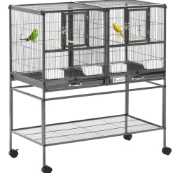 Cage à oiseaux avec séparation mangeoire et perchoir 95L x 45l x 102H cm Noir et Gris