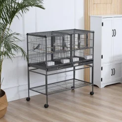Cage à oiseaux avec séparation mangeoire et perchoir 95L x 45l x 102H cm Noir et Gris