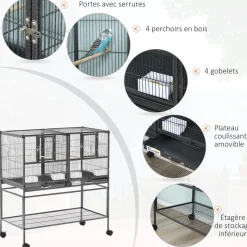 Cage à oiseaux avec séparation mangeoire et perchoir 95L x 45l x 102H cm Noir et Gris
