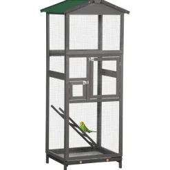 Cage à oiseaux volière grande taille 2 portes toit asphalte tiroir amovible bois gris