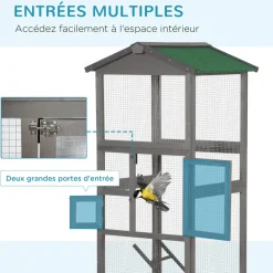 Cage à oiseaux volière grande taille 2 portes toit asphalte tiroir amovible bois gris