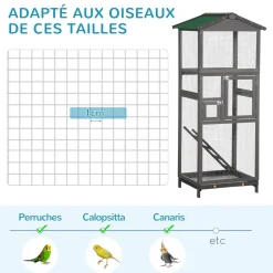 Cage à oiseaux volière grande taille 2 portes toit asphalte tiroir amovible bois gris
