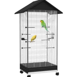 Cage oiseau sur roulettes - grande volière - plateau dejection amovible, mangeoires, perchoirs, portes - blanc noir