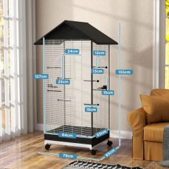 Cage oiseau sur roulettes - grande volière - plateau dejection amovible, mangeoires, perchoirs, portes - blanc noir