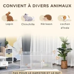 Cage parc enclos modulable petits animaux - dim. 105L x 105l x 45H cm - 12 panneaux résine PP opaque