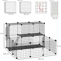 Cage parc enclos rongeurs modulable dim. L 105 x l 105 x H 70 cm 2 niveaux 2 portes rampe résine PP fil métallique noir