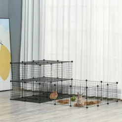 Cage parc enclos rongeurs modulable dim. L 175 x l 105 x H 70 cm 2 niveaux 2 portes rampe résine PP fil métallique noir