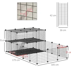 Cage parc enclos rongeurs modulable dim. L 175 x l 105 x H 70 cm 2 niveaux 2 portes rampe résine PP fil métallique noir