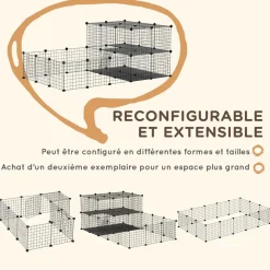 Cage parc enclos rongeurs modulable dim. L 175 x l 105 x H 70 cm 2 niveaux 2 portes rampe résine PP fil métallique noir