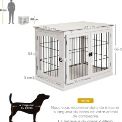 Cage pour chien animaux cage en bois MDF classe E1 3 portes verrouillables max. 30 Kg dim. 81L x 58l x 66H cm blanc noir