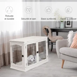 Cage pour chien animaux cage en bois MDF classe E1 3 portes verrouillables max. 30 Kg dim. 81L x 58l x 66H cm blanc noir