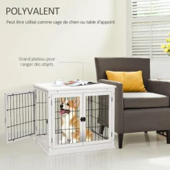 Cage pour chien animaux cage en bois MDF classe E1 3 portes verrouillables max. 30 Kg dim. 81L x 58l x 66H cm blanc noir