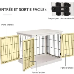 Cage pour chien animaux cage en bois MDF classe E1 3 portes verrouillables max. 30 Kg dim. 81L x 58l x 66H cm blanc noir