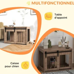 Cage pour chien animaux style indisutriel - porte coulissante verrouillable - acier noir panneaux aspect bois