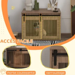 Cage pour chien animaux style indisutriel - porte coulissante verrouillable - acier noir panneaux aspect bois