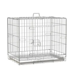 Cage pour chien pliable - plateau excrément coulissant - 2 portes verrouillable, poignée - dim. 61L x 43l x 50H cm - fer galvanisé PP blanc