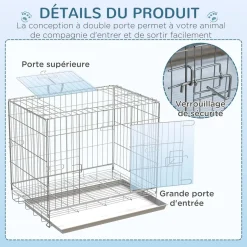 Cage pour chien pliable - plateau excrément coulissant - 2 portes verrouillable, poignée - dim. 61L x 43l x 50H cm - fer galvanisé PP blanc