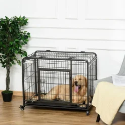 Cage pour chien pliable cage de transport sur roulettes 2 portes verrouillables plateau amovible dim. 94L x 58l x 69H cm métal gris noir