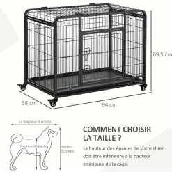 Cage pour chien pliable cage de transport sur roulettes 2 portes verrouillables plateau amovible dim. 94L x 58l x 69H cm métal gris noir