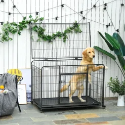 Cage pour chien pliable cage de transport sur roulettes 2 portes verrouillables plateau amovible dim. 125L x 76l x 81H cm métal gris noir