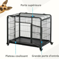 Cage pour chien pliable cage de transport sur roulettes 2 portes verrouillables plateau amovible dim. 125L x 76l x 81H cm métal gris noir
