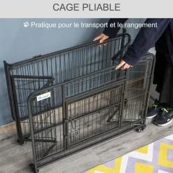 Cage pour chien pliable cage de transport sur roulettes 2 portes verrouillables plateau amovible dim. 125L x 76l x 81H cm métal gris noir