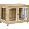 Cage pour chien sur pied - 2 portes verrouillables, coussin déhoussable inclus - acier filaire noir panneaux aspect bois clair