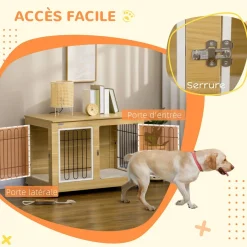 Cage pour chien sur pied - 2 portes verrouillables, coussin déhoussable inclus - acier filaire noir panneaux aspect bois clair