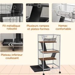 Cage pour petits animaux portable avec 2 portes hamac métal PP 52 x 52 x 113,5 cm