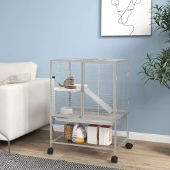 Cage pour rongeurs furet chinchilla plateforme rampe 2 portes biberon gamelle plateau étagère acier gris clair