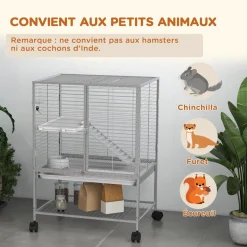 Cage pour rongeurs furet chinchilla plateforme rampe 2 portes biberon gamelle plateau étagère acier gris clair