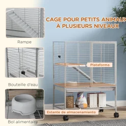 Cage pour rongeurs furet chinchilla plateforme rampe 2 portes biberon gamelle plateau étagère acier gris clair