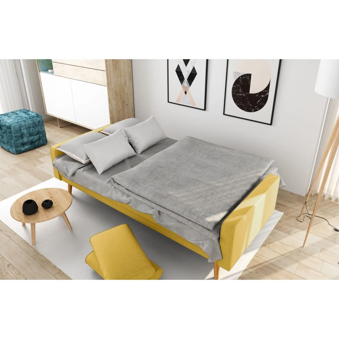 Canapé 3 places scandinave convertible NOVA, assise tissu pieds en bois