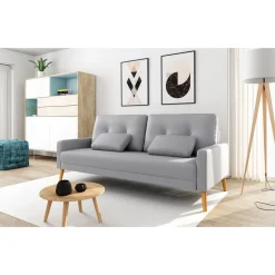 Canapé 3 places scandinave convertible NOVA, assise tissu pieds en bois