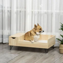 Canapé chien chat style cosy naturel - coussin aspect fourrure blanc et coffre inclus - dim. 89L x 56l x 31H cm - pieds acier en épingles lit MDF aspect bois clair naturel