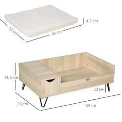 Canapé chien chat style cosy naturel - coussin aspect fourrure blanc et coffre inclus - dim. 89L x 56l x 31H cm - pieds acier en épingles lit MDF aspect bois clair naturel