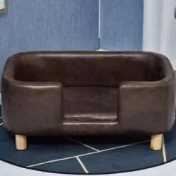 Canapé chien lit pour chien chat avec rebord coussin moelleux pieds bois massif dim. 74 x 48,5 x 31 cm revêtement micro-fibre chocolat