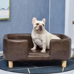 Canapé chien lit pour chien chat avec rebord coussin moelleux pieds bois massif dim. 74 x 48,5 x 31 cm revêtement micro-fibre chocolat