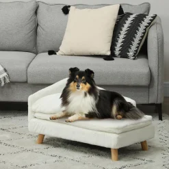 Canapé chien méridienne style scandinave 2 coussins déhoussables bois aspect fourrure crème
