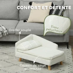 Canapé chien méridienne style scandinave 2 coussins déhoussables bois aspect fourrure crème
