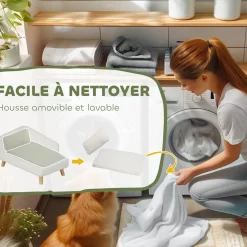 Canapé chien méridienne style scandinave 2 coussins déhoussables bois aspect fourrure crème