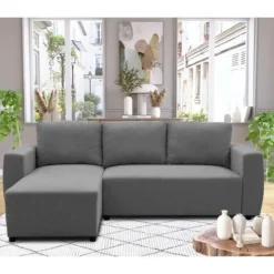 Canapé d'angle convertible réversible 3 a 4 places - PHARELL - Tissu anthracite - Coffre de rangement - L 224 x P 155 x H 85 c