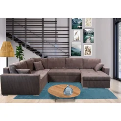 Canapé d'angle convertible panoramique 5 places tissu velours avec coffre MAGNUS