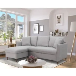 Canapé d'angle convertible réversible 4 places GERAUD - Tissu Gris - Coffre de rangement - L 210 x P 147 x H 90 cm