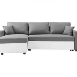Canapé d'angle réversible convertible grand couchage + coffre - Tissu Blanc et gris - L 228 x P 148 x H 86 cm - OWENS