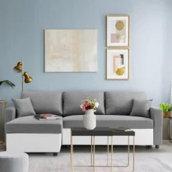 Canapé d'angle réversible convertible grand couchage + coffre - Tissu Blanc et gris - L 228 x P 148 x H 86 cm - OWENS