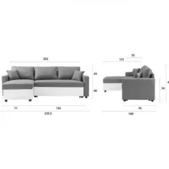 Canapé d'angle réversible convertible grand couchage + coffre - Tissu Blanc et gris - L 228 x P 148 x H 86 cm - OWENS