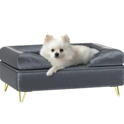 Canapé pour chien design - dim. 76L x 53,5l x 34H cm - piètement épingle métal doré velours gris