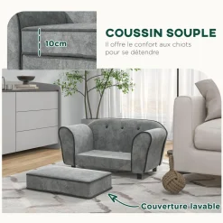 Canapé pour chien design - coussin déhoussable - dim. 74L x 41l x 32,5H cm - velours gris